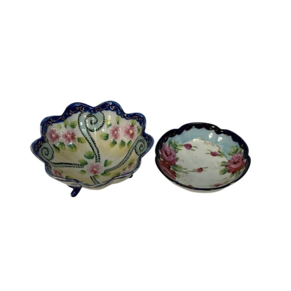 2 Trinket Dishes Blue Floral (1 Dish Footed) Japan